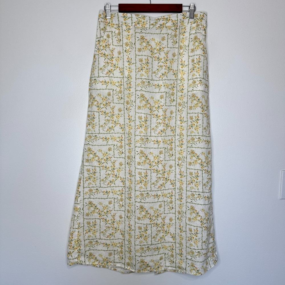 Joie Linen Midi Skirt Size‎ L Cottagecore Floral Slit Boho Prairie
